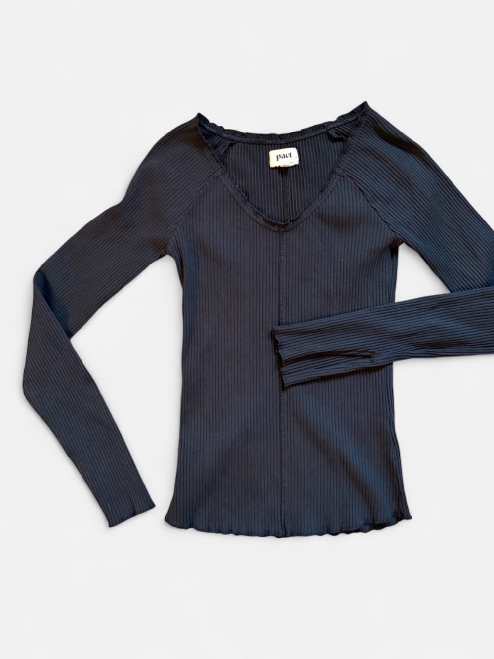 Pact Black Ribbed Split-Cuff Long-Sleeve Top Size Small